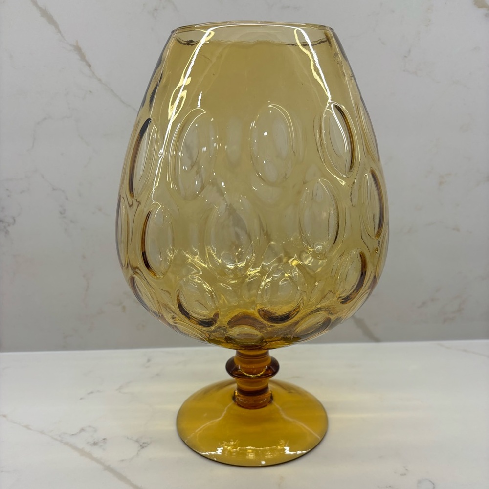 Vintage Empoli Italy Amber Art Glass Optic Dot Coin Large Snifter Vase MCM 1970s